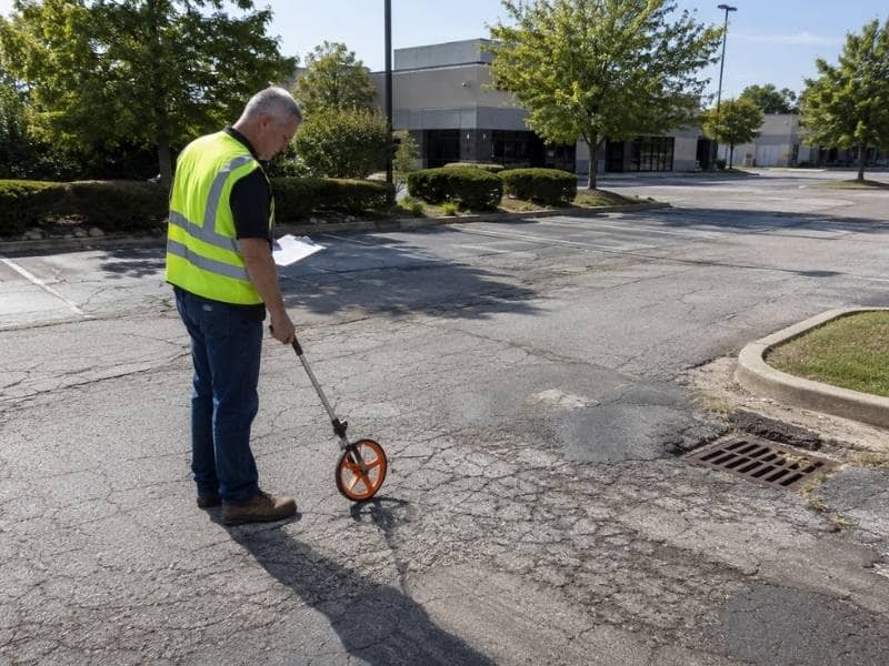 Civil engineering expert witness inspecting cracked commercial parking lot pavement in Nashville, Tennessee
