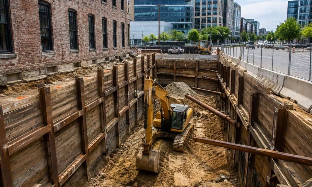 Temporary shoring at a Nashville, TN excavation near existing structures that a licensed engineer may review