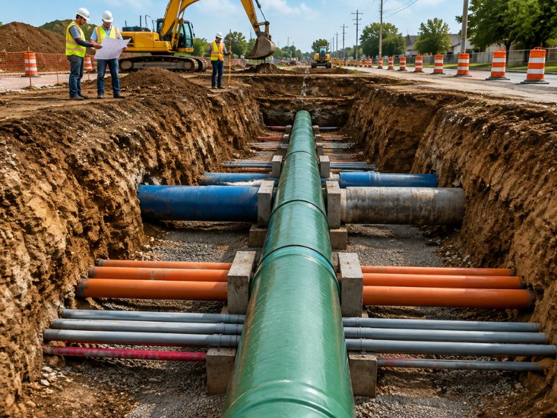 Construction workers with hard hats review plans beside a deep trench where a large green pipeline is being installed.