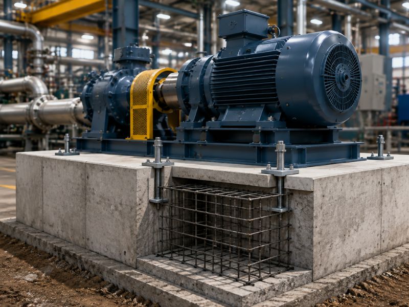 Industrial blue electric motor mounted on a reinforced concrete base in a factory setting, with metal rebar cage in the foreground.