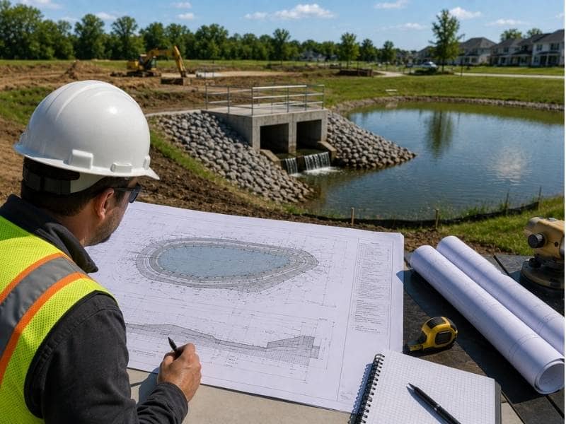 Detention pond design stormwater management | Nashville Civil Engineering Detention pond design reviewed by a civil engineer at a stormwater management site with engineering plans and a completed detention pond.