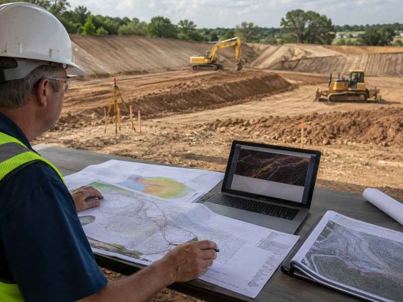 Engineering expert witness reviewing earthwork quantities, grading plans, and survey data at a construction site in Nashville, Tennessee.
