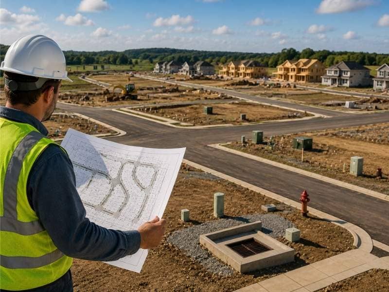 Land development projects planned by a civil engineer overlooking a residential subdivision with roads, utility infrastructure, and homes under construction.