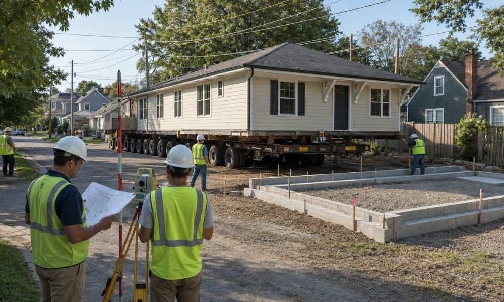 Professional civil engineer and surveyor preparing a relocated building for placement on a Nashville property
