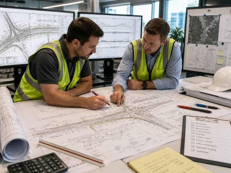 Roadway design reviews civil engineering | Nashville Civil Engineering Roadway design reviews with civil engineers examining roadway plans, profiles, and engineering drawings before construction approval.