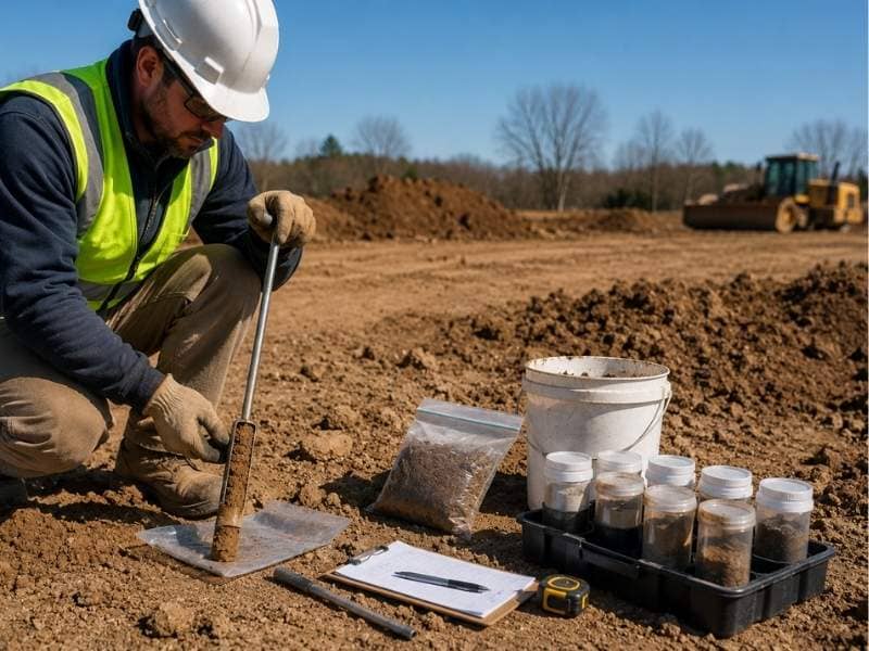 Soil testing before construction projects | Nashville Civil Engineering Soil testing at a construction site with a geotechnical professional collecting soil samples before foundation design begins.