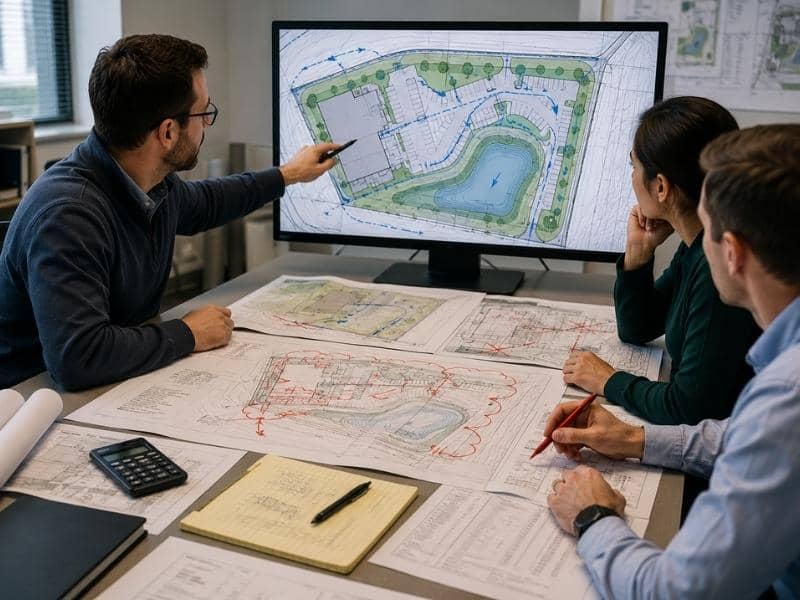 Civil engineer reviewing a stormwater design plan with drainage routes, detention pond, grading contours, and runoff details before project approval.