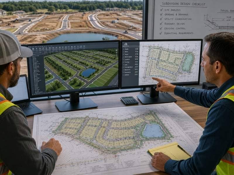Civil engineers reviewing subdivision engineering plans and 3D models for roads, utilities, and stormwater drainage design.
