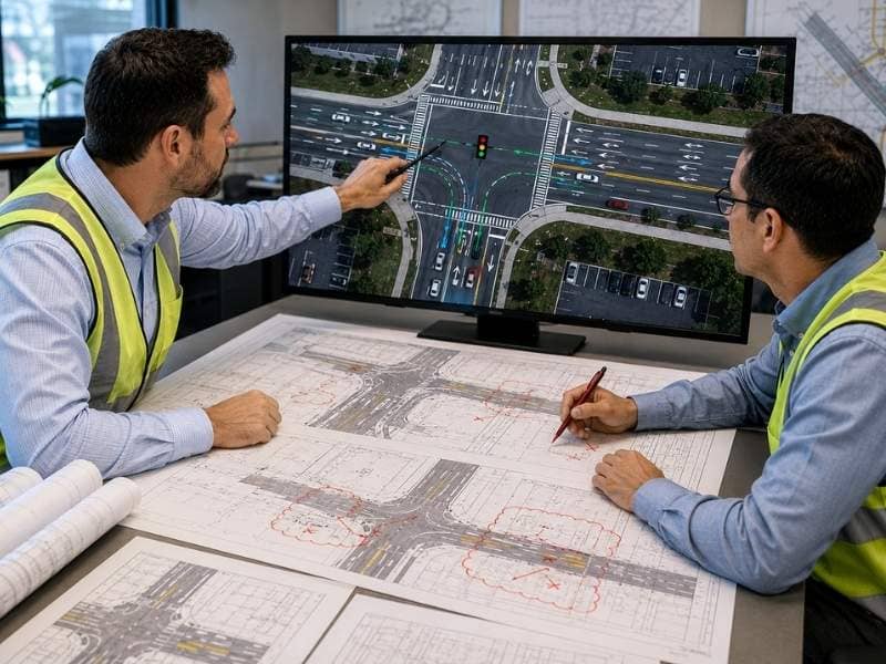 Civil engineers reviewing a traffic study with intersection layouts, turn lanes, and roadway revisions during a project redesign meeting.