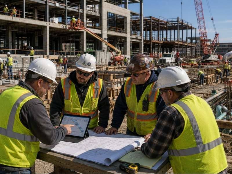 construction management complex project coordination | Nashville Civil Engineering Construction management team coordinating schedules, trades, design questions, and field work on a complex commercial construction project.