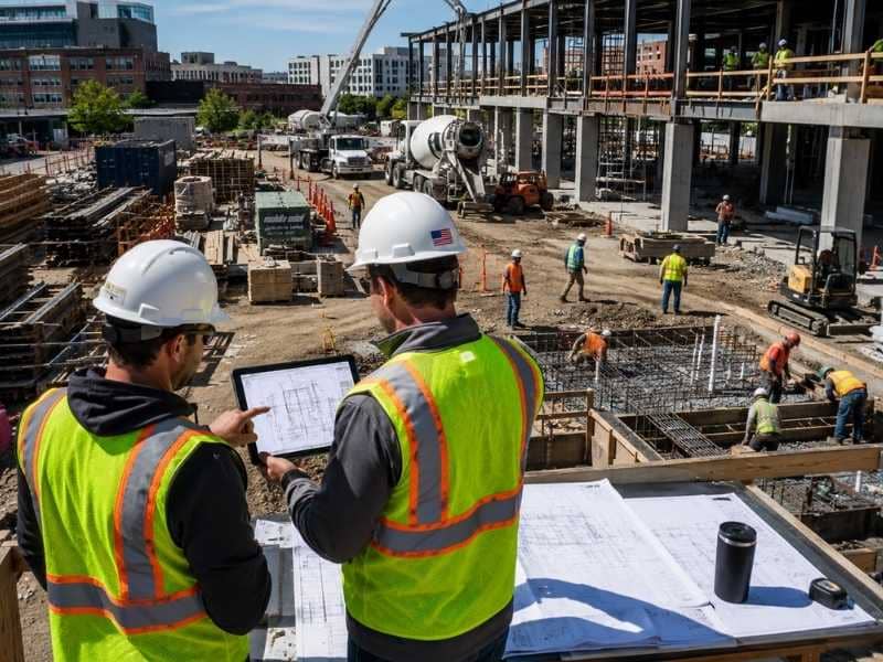 Construction plans improve field coordination as engineers review drawings while multiple crews work across an active construction site
