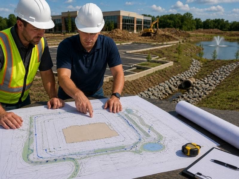 Drainage Design That Supports Successful Site Development with engineers reviewing stormwater plans beside a detention pond, drainage channel, and commercial construction site.