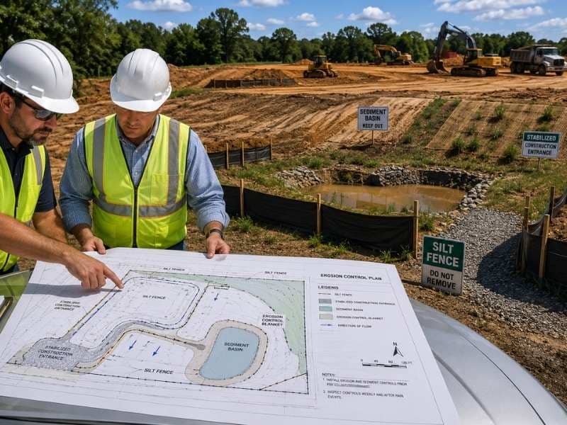 erosion control plan best practices for new development | Nashville Civil Engineering Erosion Control Plan Best Practices for New Development showing engineers reviewing erosion control measures with silt fences, sediment basin, and an active construction site.