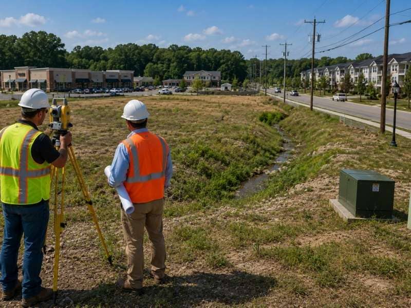 Feasibility study team evaluating drainage, utilities, road access, and terrain on a proposed development site