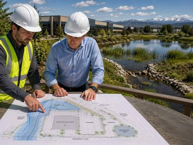 flood study benefits before commercial site development | Nashville Civil Engineering Flood Study Benefits Before Commercial Site Development showing engineers reviewing flood risk plans beside a commercial site with a detention pond and floodplain area.