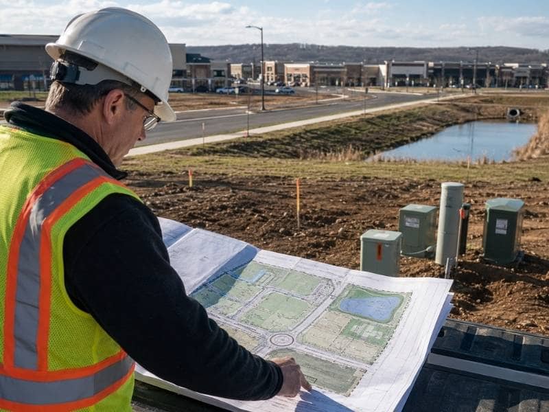 professional engineer input during rezoning planning | Nashville Civil Engineering Professional engineer input during rezoning planning with an engineer reviewing a site plan near roads, utilities, and stormwater features