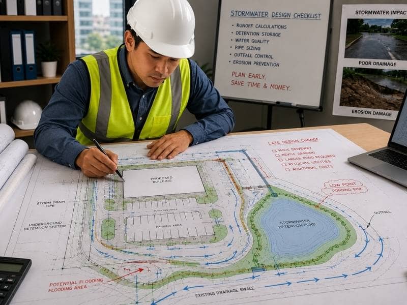 Site plan review showing common site plan errors that can delay project approval, including drainage, parking, utility, and property line issues.
