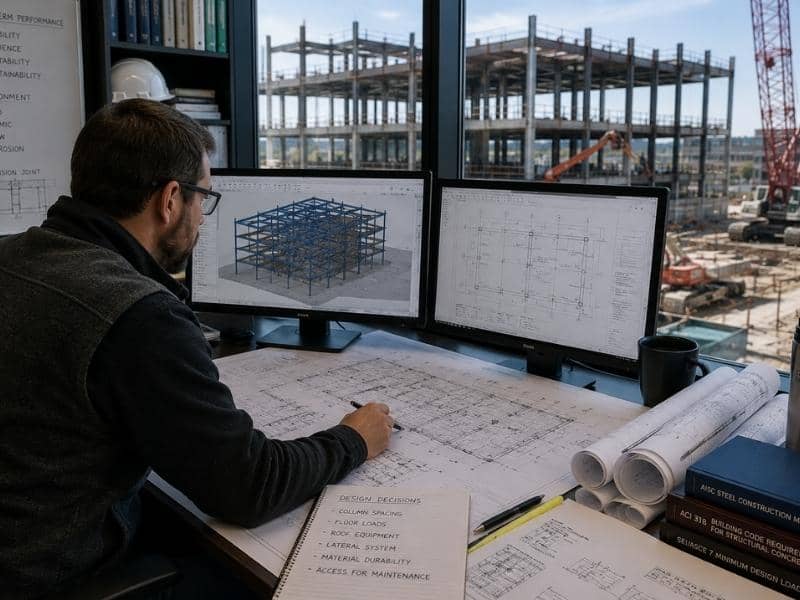 structural engineering long term performance | Nashville Civil Engineering Structural engineering planning session showing an engineer reviewing structural drawings and a 3D building model for long-term building performance.
