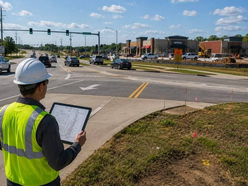 traffic engineer project approval review | Nashville Civil Engineering Traffic engineer reviewing driveway access, sight distance, traffic flow, and roadway conditions for a proposed development project.